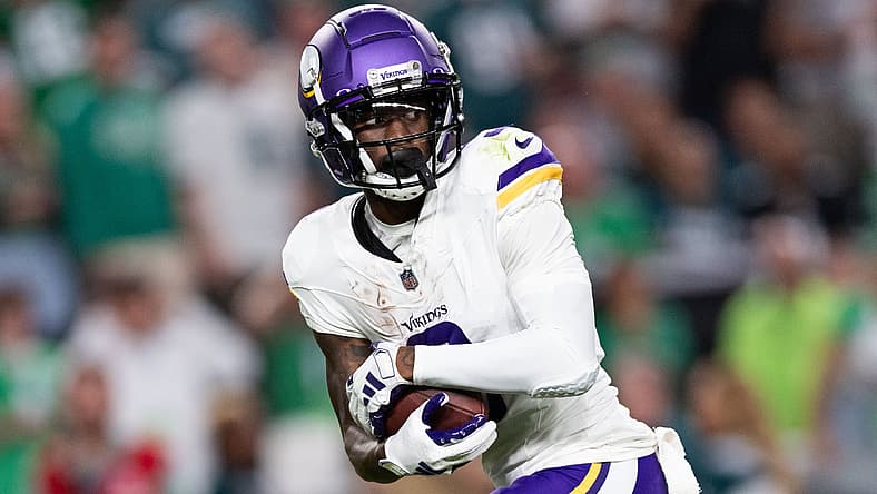 Jordan Addison runs toward the end zone after a catch against the Eagles at Lincoln Financial Field.