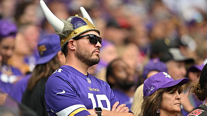Vikings fan wearing purple jersey and horned helmet at stadium game.