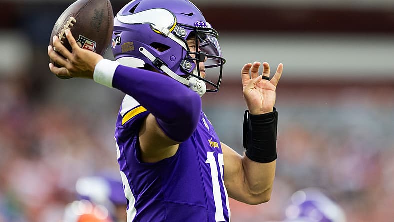 Jaren Hall throws a pass during a preseason game against the Browns