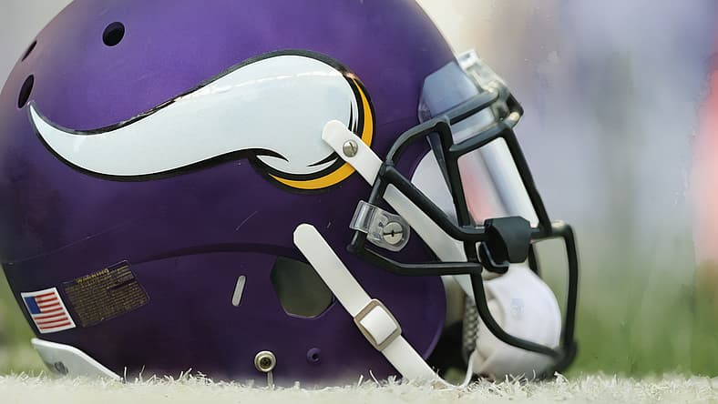 Minnesota Vikings helmet sits near the sideline during a preseason game against the Bengals at Paul Brown Stadium.