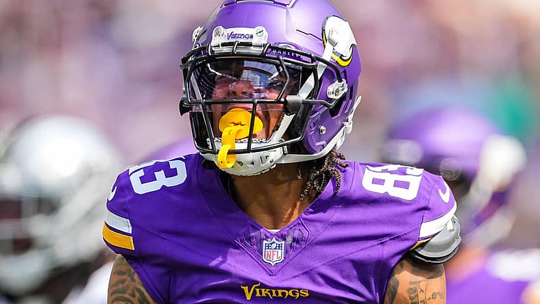 Jalen Nailor celebrates a catch during a preseason game at U.S. Bank Stadium.