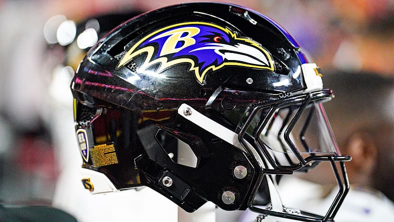 Baltimore Ravens helmet on sideline during game against Chiefs.