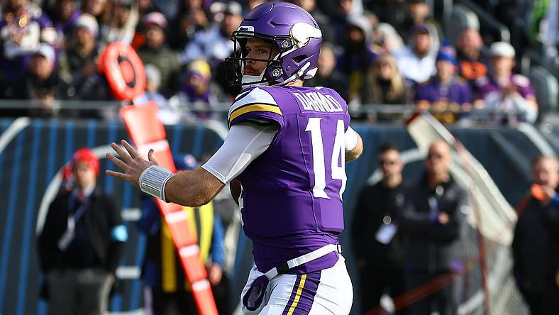 Vikings quarterback number 14 celebrates during game with crowd in background.