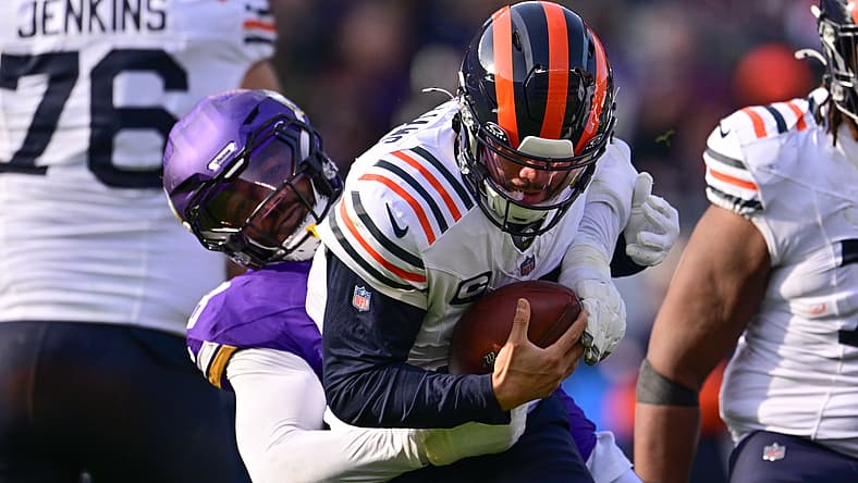 Jonathan Greenard sacks Caleb Williams during the second quarter at Soldier Field.