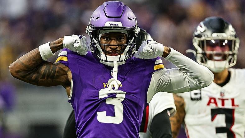 Jordan Addison celebrates a fourth-quarter catch during a Minnesota Vikings game against the Atlanta Falcons at U.S. Bank Stadium.