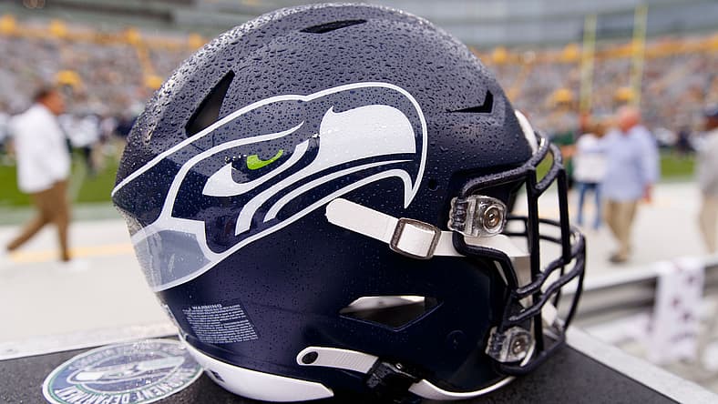 A Seahawks helmet sits on the sideline during warmups at Lambeau Field.