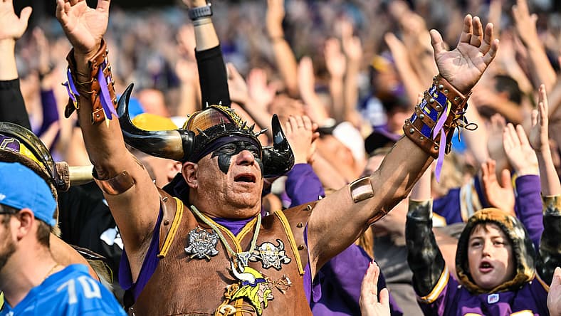 Minnesota Vikings fans react in the stands during a game against the Detroit Lions at U.S. Bank Stadium.