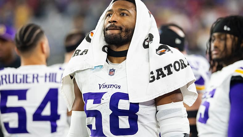 Jonathan Greenard lines up for a defensive snap during the Vikings’ playoff game against the Rams in Glendale. Jonathan Greenard Vikings