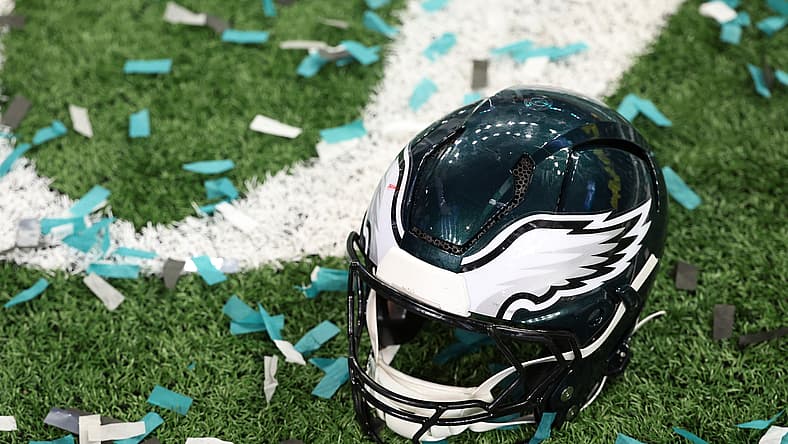 Philadelphia Eagles helmet on field after Super Bowl LIX.