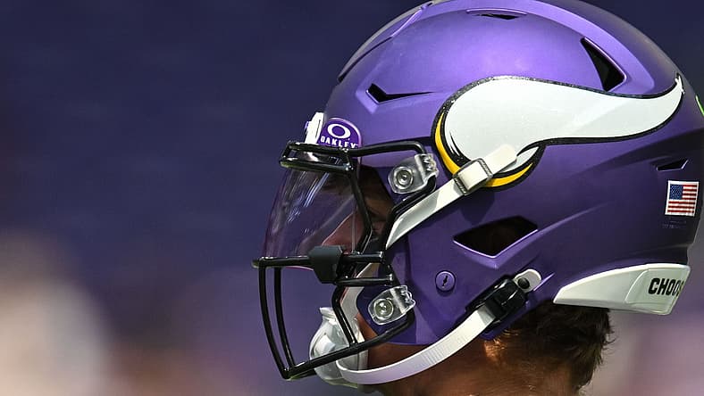 J.J. McCarthy warms up before the Vikings preseason game vs. the Raiders.