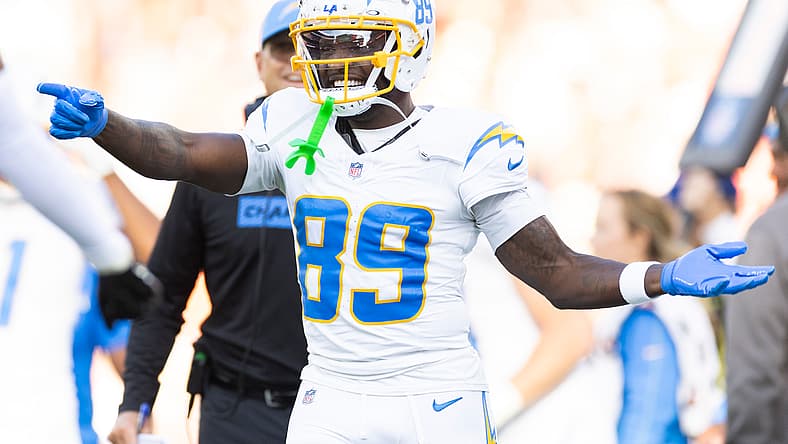 Jalen Reagor celebrates during a Chargers game against the Cleveland Browns.