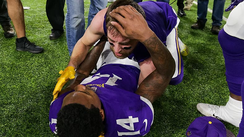 Adam Thielen and Stefon Diggs celebrate dramatic playoff win vs. Saints.