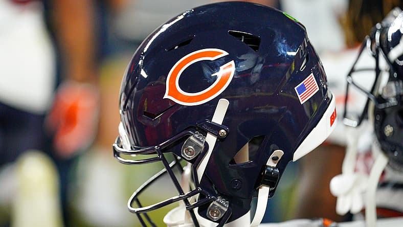 Chicago Bears helmet on the sideline during a 2024 game at GEHA Field.