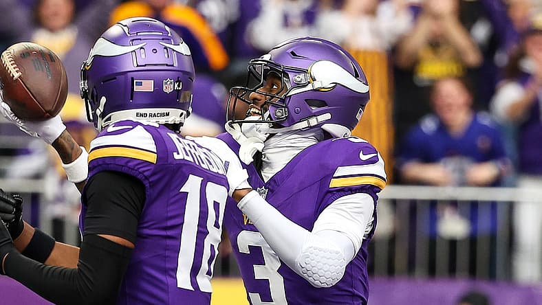 Jordan Addison parties after a touchdown with Justin Jefferson against Atlanta. Vikings wide receivers