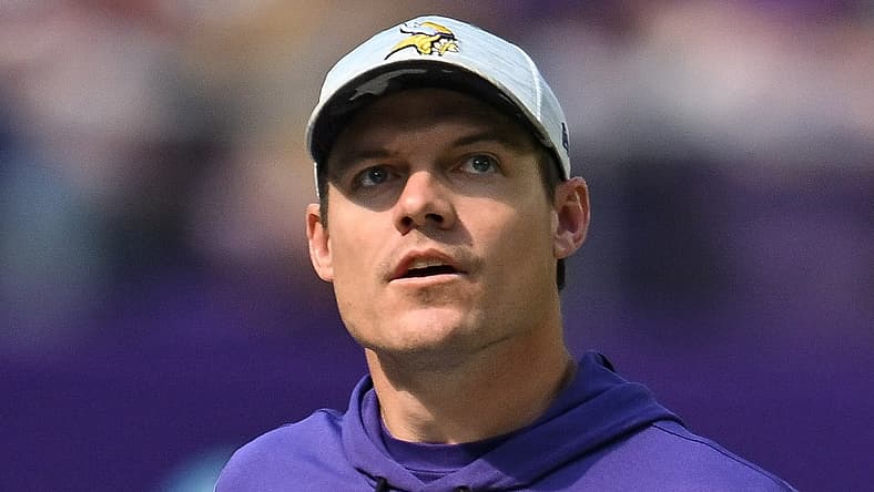Kevin O’Connell reacts to an official’s call against the Lions at U.S. Bank Stadium.