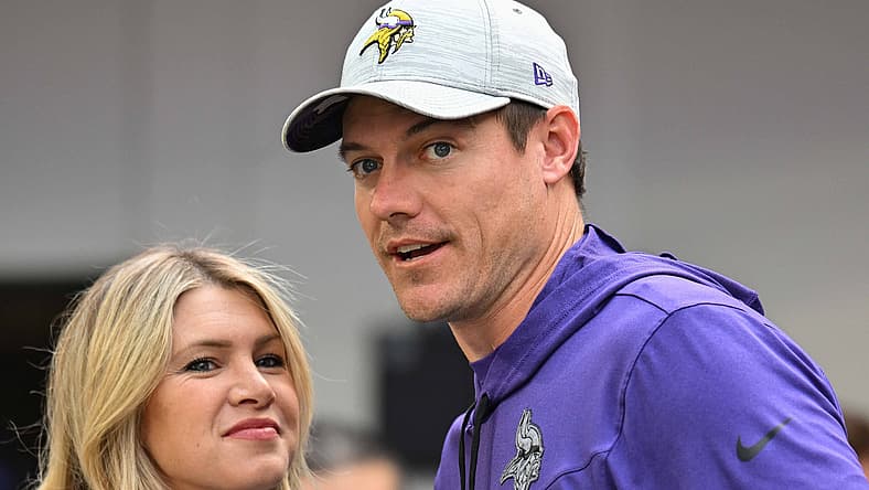 Kevin O’Connell greets his wife, Leah, before the Vikings face the Lions. Vikings offensive tackles