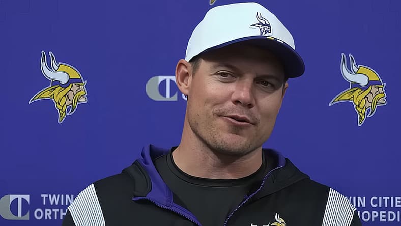 Kevin O’Connell addresses the media during Vikings OTAs in 2025.