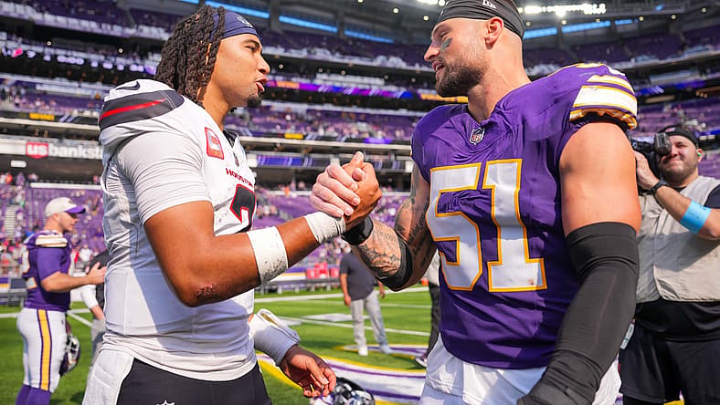 Texans quarterback C.J. Stroud and Vikings linebacker Blake Cashman meet after a game in Minneapolis. Vikings Pro Bowl