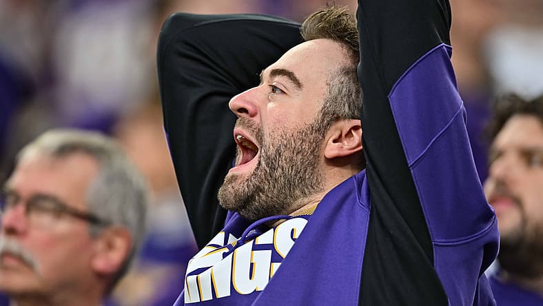 Minnesota Vikings fans react in the stands during a game at U.S. Bank Stadium.