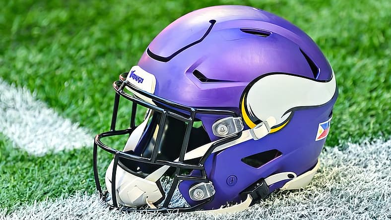 Close-up of Justin Jefferson’s helmet before the Vikings faced the Lions.