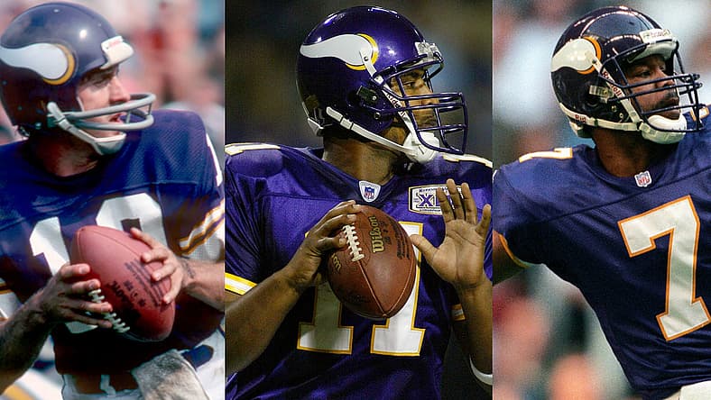 Vikings QBs Fran Tarkenton, Daunte Culpepper, and Randall Cunningham. VT ranks all Vikings QB in the summer of 2025.