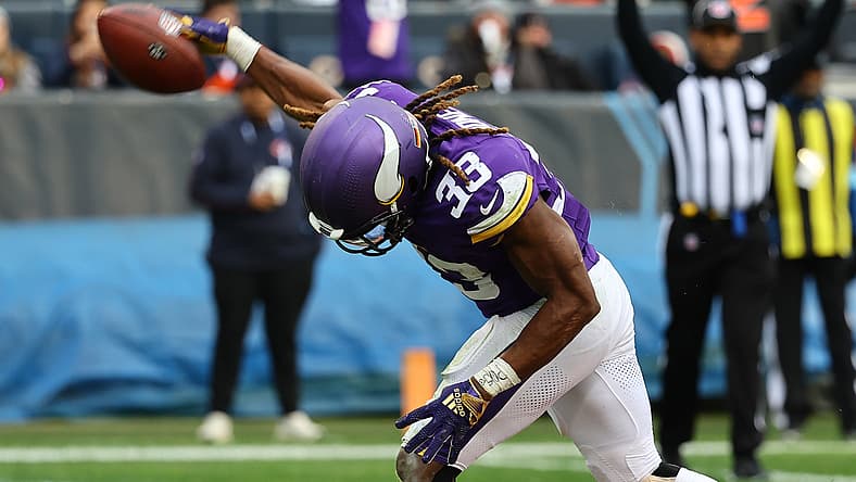 Aaron Jones reacts after scoring a touchdown against the Bears. Vikings running back weakness