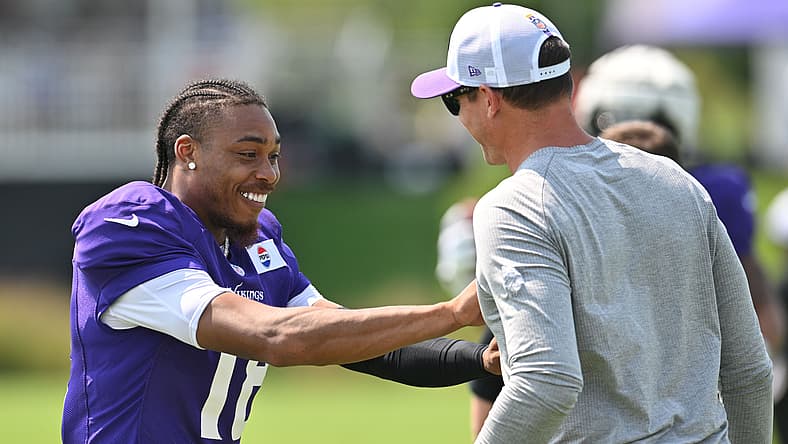 Justin Jefferson and Kevin O'Connell at Vikings training camp in 2024.
