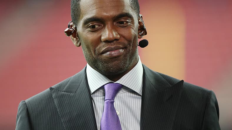 Randy Moss on the sidelines before a 2019 AFC Wild Card game in Houston.