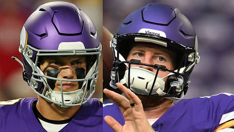 Collage of J.J. McCarthy in action and Carson Wentz warming up at U.S. Bank Stadium.