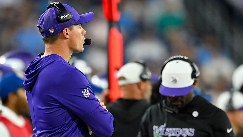 Kevin O’Connell watches the Vikings face the Titans during preseason action. Kevin O’Connell hot seat