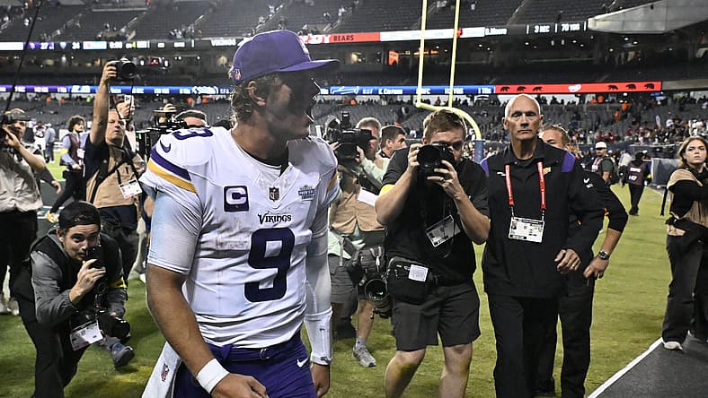 J.J. McCarthy reacts after a road win over the Bears at Soldier Field.