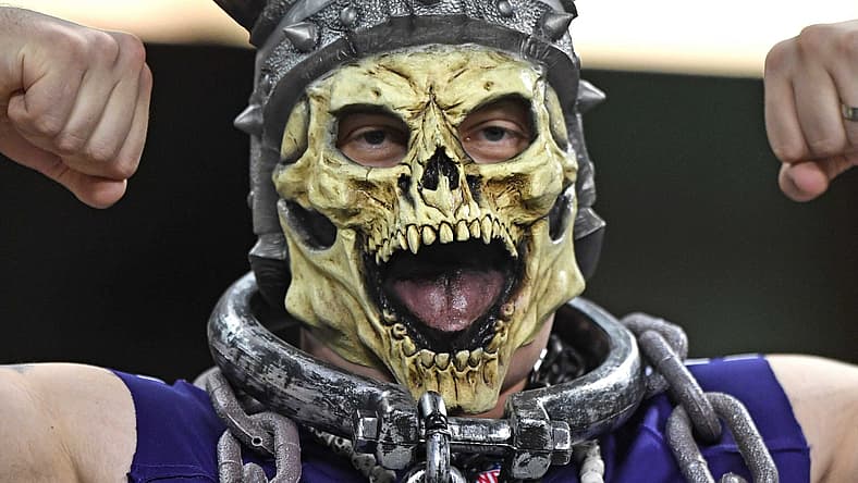 A Minnesota Vikings fan watches the game during a matchup against the Chicago Bears at Soldier Field.
