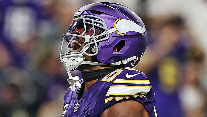 Vikings linebacker Jonathan Greenard celebrates after a sack against the Falcons during second-half action.