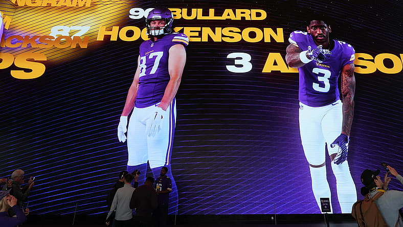 Images of Minnesota Vikings players T.J. Hockenson, Jordan Addison, and Ivan Pace Jr. projected on the walls during the team’s immersive experience at Outernet London before the 2024 International Series game against the New York Jets.
