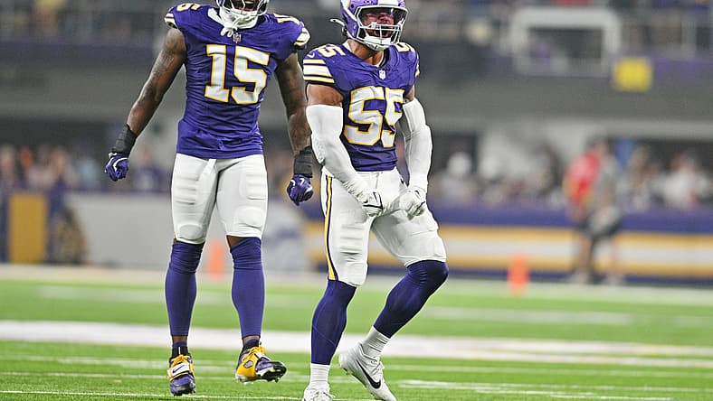 Vikings linebacker Eric Wilson celebrates after a play against the Atlanta Falcons at U.S. Bank Stadium.