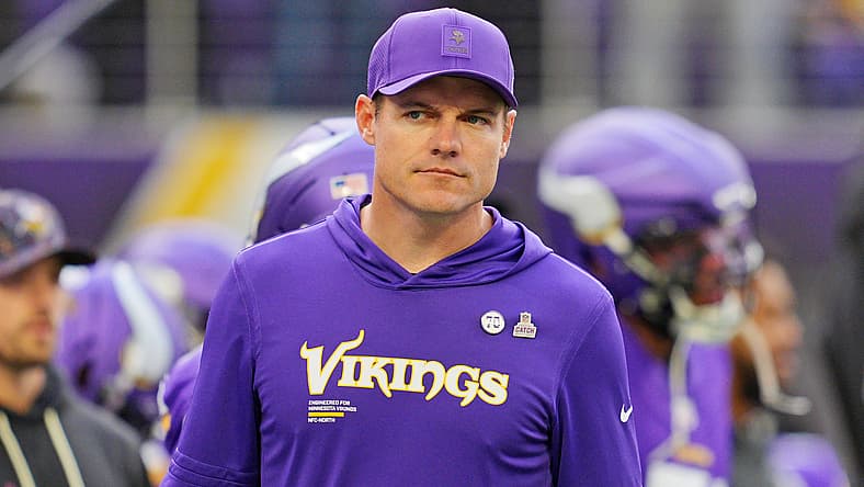 Vikings head coach Kevin O’Connell watches pregame warmups before a game against the Philadelphia Eagles at U.S. Bank Stadium.