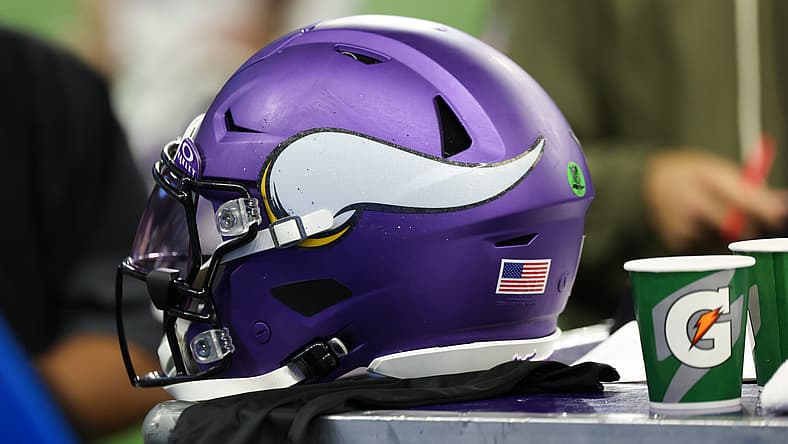 Minnesota Vikings helmet sits on the sideline during a game at Ford Field.