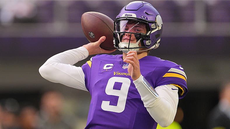 J.J. McCarthy practices before a Vikings game at U.S. Bank Stadium in Minneapolis.