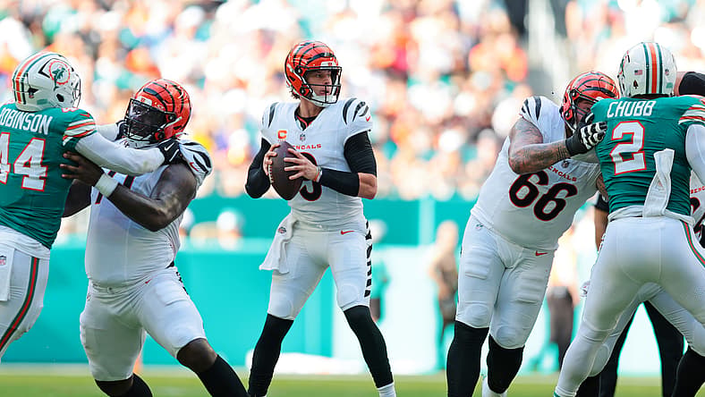 Joe Burrow drops back to pass against the Dolphins at Hard Rock Stadium. NFL quarterback rankings 2026