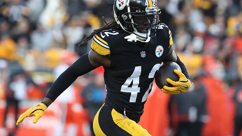 James Pierre reacts after intercepting a pass during Steelers vs. Browns game at Acrisure Stadium.