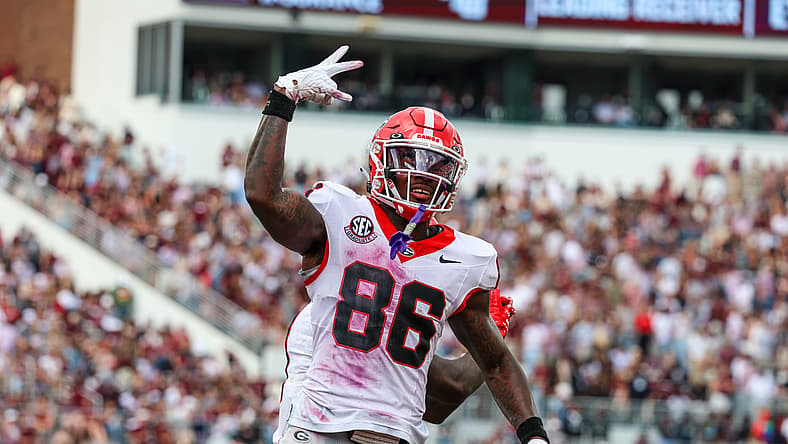 Georgia wide receiver Dillon Bell reacts after scoring a touchdown against Mississippi State.