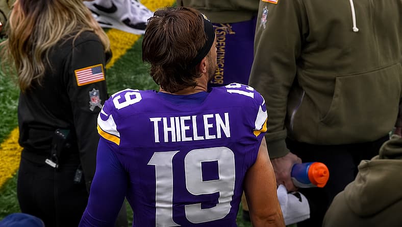 Thielen walks the sideline during a Vikings game against Baltimore.