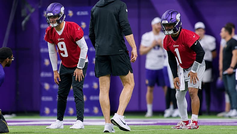 J.J. McCarthy and Kyler Murray practice during Vikings minicamp in Eagan. Vikings QB battle