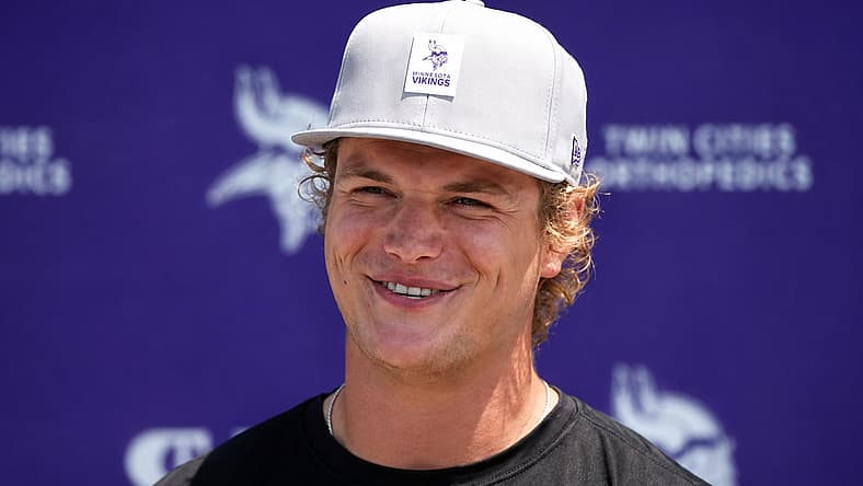 Vikings quarterback J.J. McCarthy speaks to reporters after minicamp practice at TCO Performance Center.
