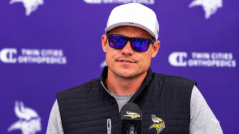 Kevin O’Connell speaks with reporters after a Vikings OTA practice at the TCO Performance Center in Eagan. Vikings QB battle