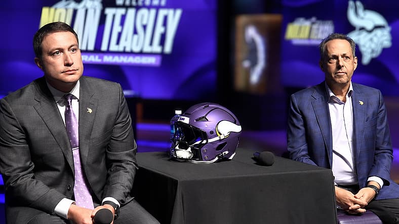 Mark Wilf and Nolan Teasley speak during Teasley’s introductory press conference at TCO Performance Center.