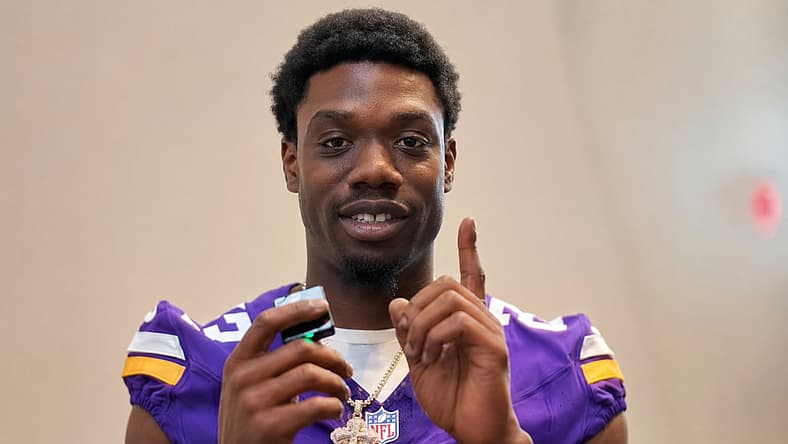 James Pierre smiles during a Vikings.com interview about Nickelodeon.