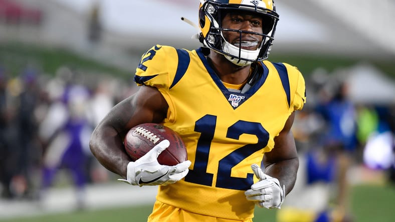 Brandin Cooks jogs during warmups before the Rams play the Ravens.