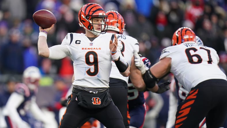 Bengals QB Joe Burow in the pocket, set to pass, in 2022 against the Patriots.