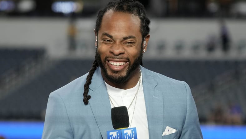 Richard Sherman on the Amazon Prime set before the Rams vs. Texans game at SoFi Stadium.